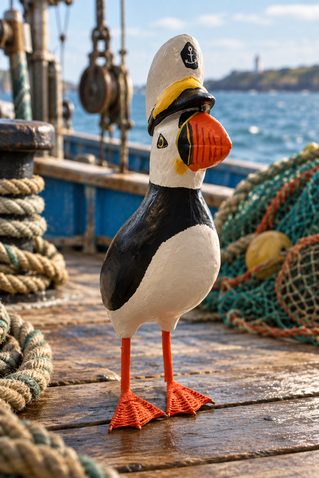 Macareux sur le pont d’un bateau de pêche breton